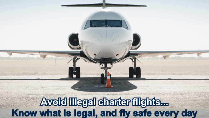 Jet on tarmac with caption 'Avoid Illegal Charter Flights'