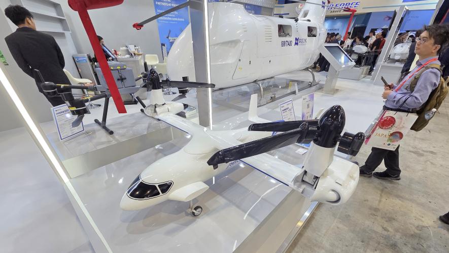 A subscale model of the Lanying R6000 tiltrotor aircraft on display at the 2026 Singapore Airshow.