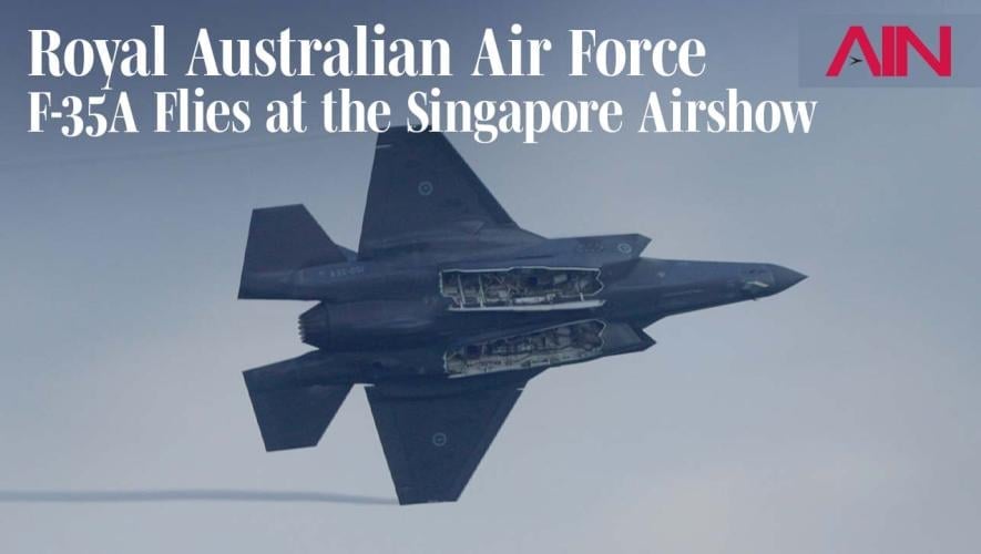 RAAF F-35A flying at Singapore Airshow with weapons bay open