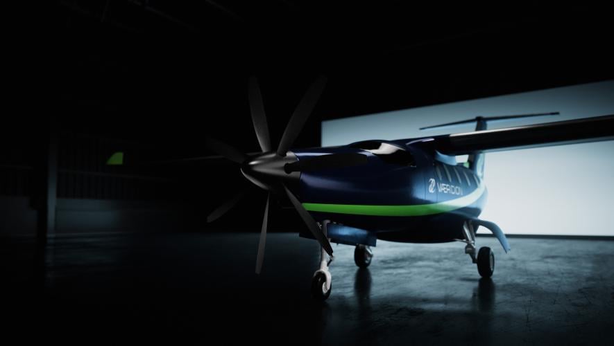 Microliner aircraft mockup in shadowy hangar