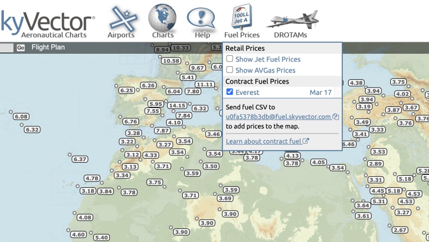 Screen shot showing SkyVector contract fuel map pricing
