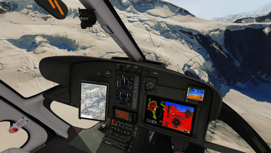 simulator view from a helicopter cockpit in the mountains