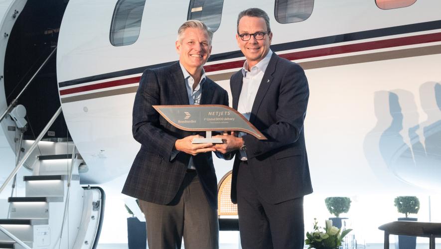 NetJets president Patrick Gallagher (left) and Bombardier's David Murray at Global 8000 delivery ceremony