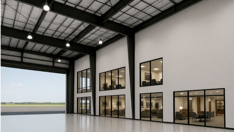 Artist rendering of interior of new FlightLevel Aviation hangar at KBVY