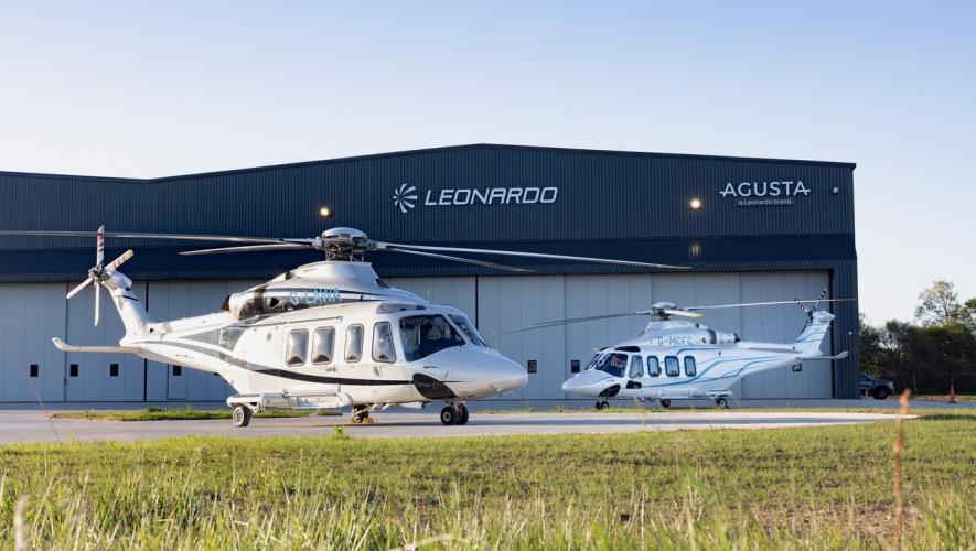 Elstree Support Centre with two Leonardo helicopters parked in front of the building 