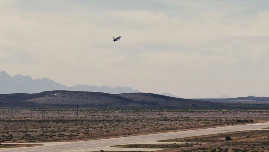 Hermeus Quarterhorse Mk 2.1 takes flight over the New Mexico desert during its first supersonic test flight.