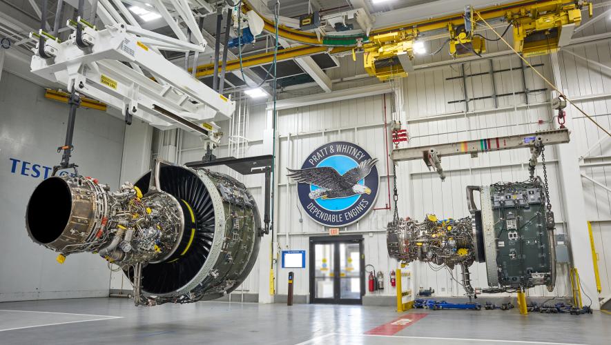 Pratt & Whitney engine on supports in test facility