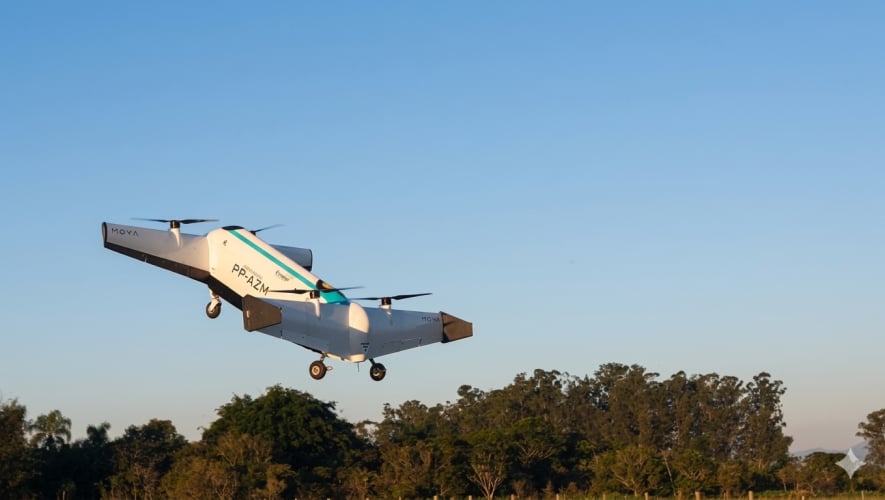 Moya’s 256 eVTOL, registered PP-AZM, lifts off during flight testing near São José dos Campos, Brazil. 