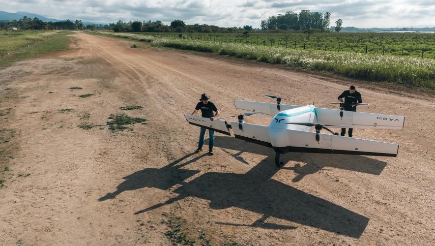 Moya Aero 256 eVTOL aircraft sits on a dirt runway