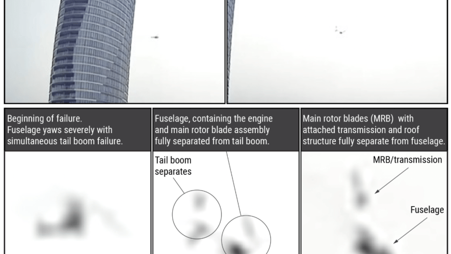 anced surveillance video with sequential images depicting the helicopter’s flight and breakup.