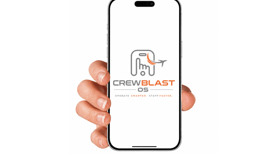 A hand holding a smartphone against a white background. The phone screen shows the company logo