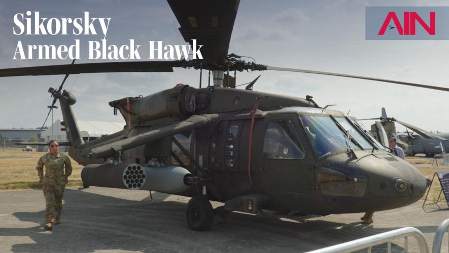 Armed Sikorsky Black Hawk helicopter at Farnborough Airshow 2026