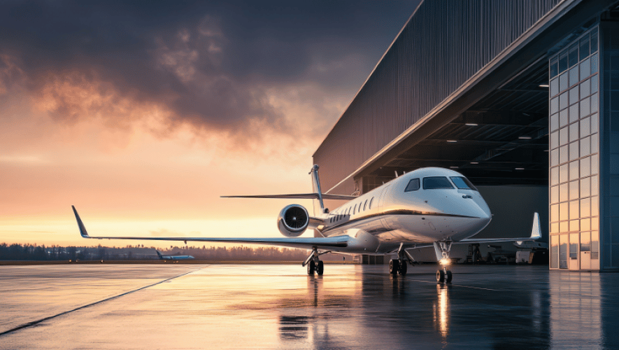 A business jet parked on a ramp at dusk