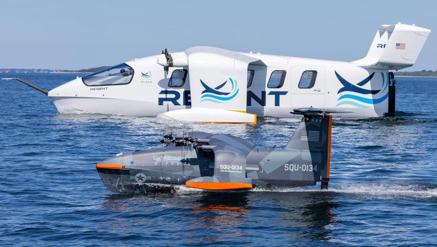 Regent’s Viceroy seaglider prototype and its smaller, uncrewed Squire model operate together on the water during a demonstration.