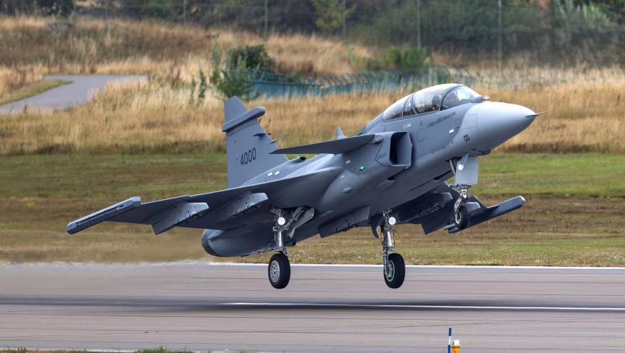 Gripen F taking off from runway 