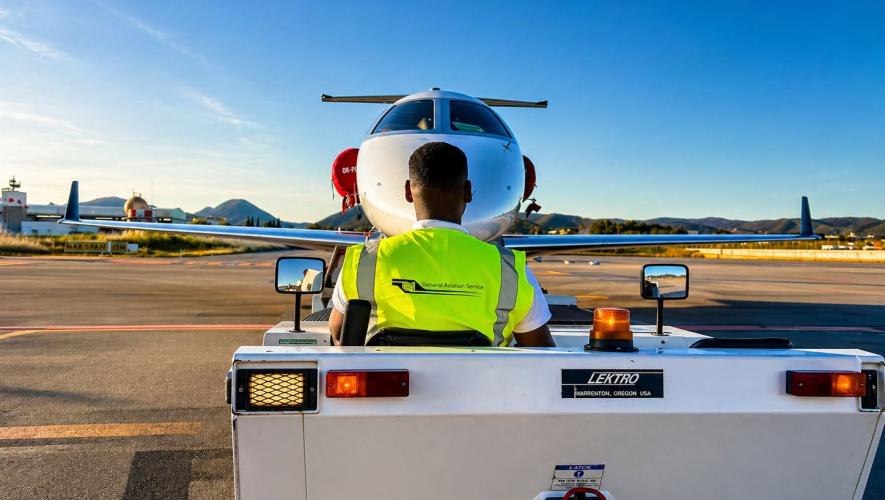 Pushback vehicle prepares to move white business jet on apron