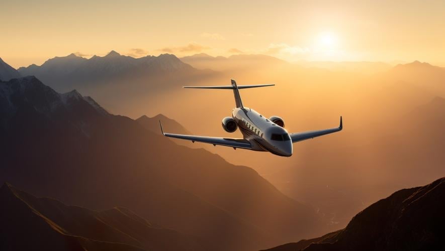Biz-jet with sunlit mountains behind 