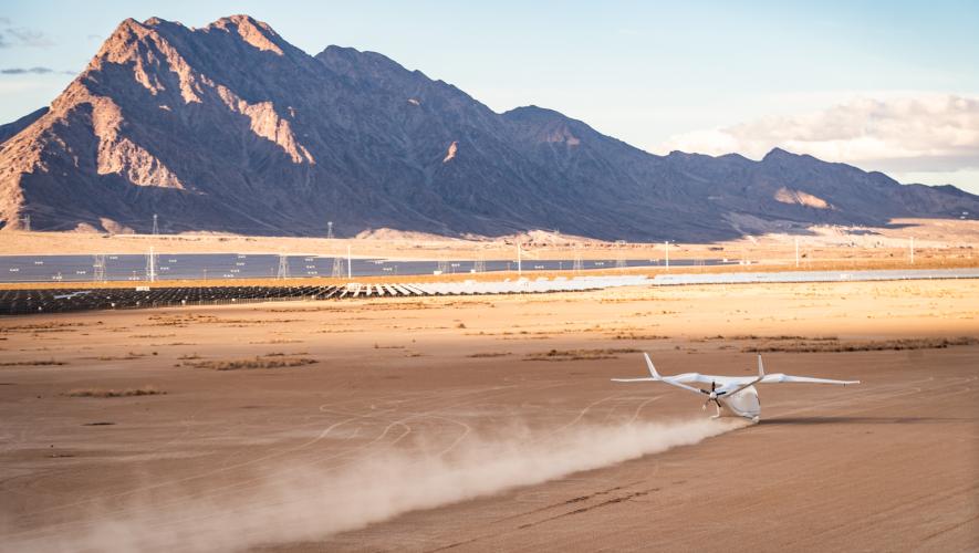 Beta Technologies’ all-electric Alia CX300 kicks up dust on a dry lakebed.