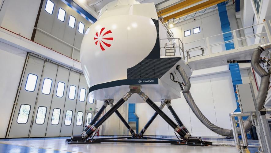 Full-flight simulator in building with Leonardo branding on side