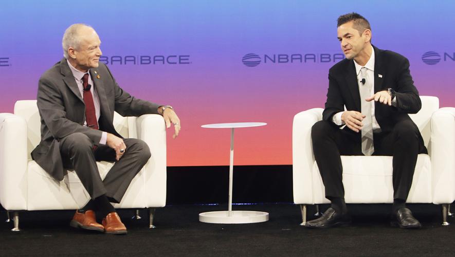 Former NASA astronaut Charlie Precourt (left) and NASA administrator Jared Isaacman