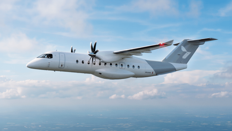 A digital rendering of Heart’s ES-36 airplane in flight