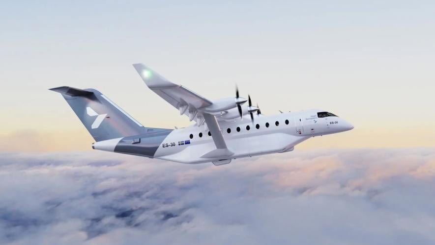 Rendering of Heart Aerospace's four-propeller ES-30 regional airliner, with a strut-braced wing, flying above clouds.