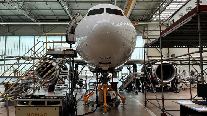An Airbus A319 undergoes 12-year inspection