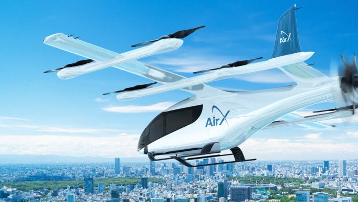 A digital rendering of Eve's eVTOL aircraft with the AirX logo
