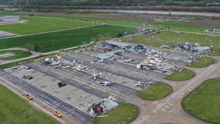 Devastated hangars at Omaha's Eppley Airfield