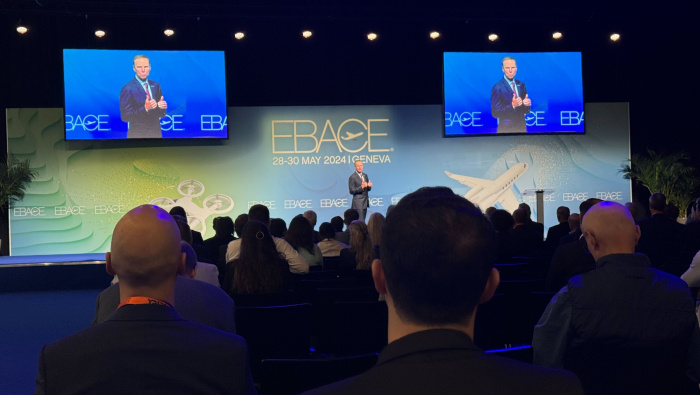 NBAA president and CEO Ed Bolen speaks at EBACE 2024's keynote presentation.
