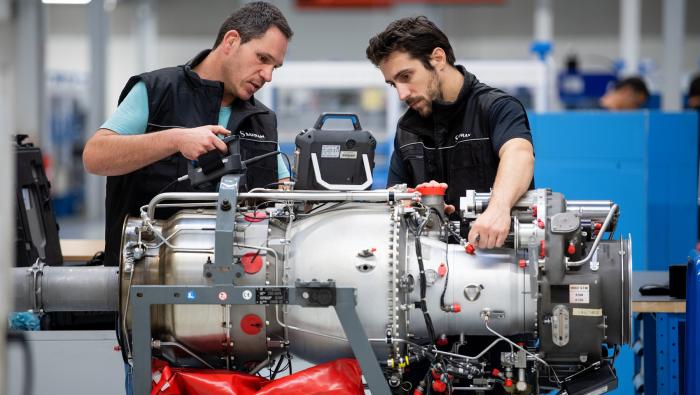 Safran techs inspect a Makila engine set to power its fleet of Airbus H225 