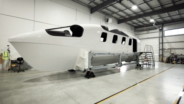 The Viceroy seaglider's fuselage is pictured inside a hangar
