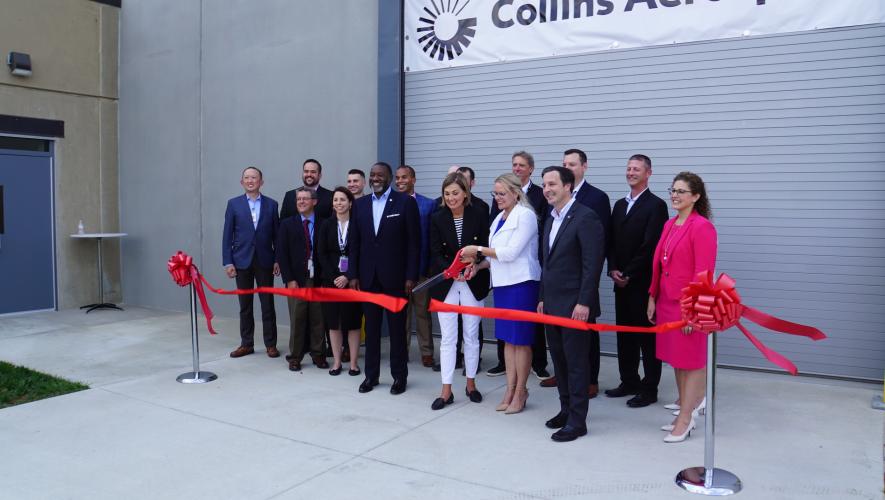 Ribbon cutting ceremony at Collins Aerospace's West Des Moines facility celebrating the opening of its expansion 
