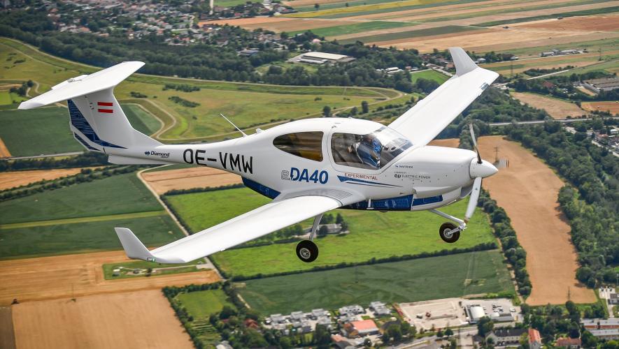 Diamond Aircraft's eDA40 electric light aircraft makes its first flight.