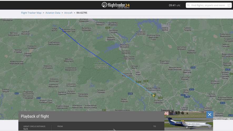 Flightradar24 map showing flight path of Embraer Legacy aircraft that crashed soon after takeoff from Moscow.