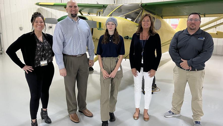 Pictured left to right: Michelle Susi, Summit Aviation; Joe Olivere, Delaware Department of Labor; Abby Holloway, Lynn Trent, Summit Aviation and John Morris, Polytech School of Aviation Maintenance 