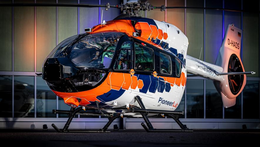 Airbus's PioneerLab helicopter technology testbed based on an H145 model.
