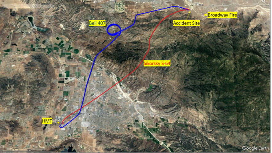 Path taken by S-64 and Bell 407 helicopters before midair collision