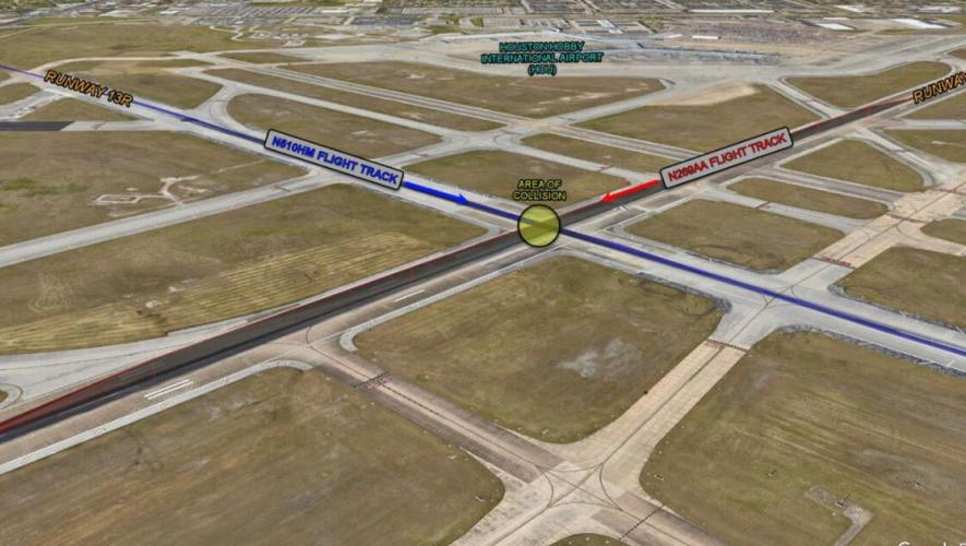 The path of a  Hawker 850XP attempting to take off from Houston Hobby Airport before it collided with a Cessna Citation Mustang. (Image: National Transportation Safety Board)
