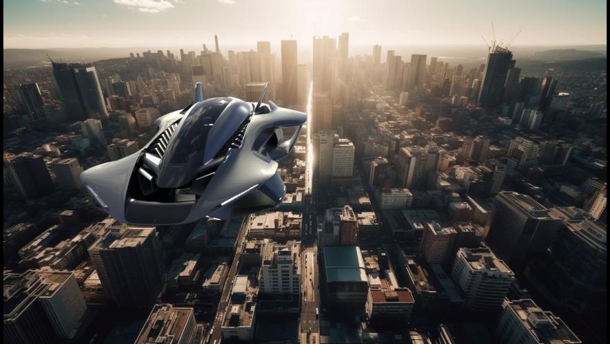 A digital rendering of Bellwether's Oryx eVTOL aircraft in flight over a city