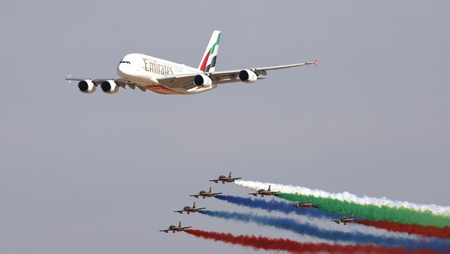 UAE’s Al Fursan (Knights) MB-339As and an Emirates Airbus A380