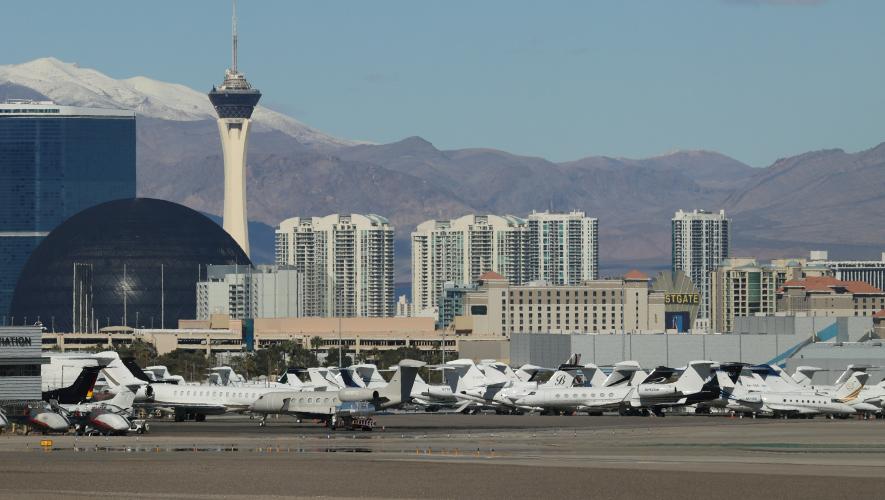 Business jets parked on the ramp at KLAS ahead of the Super Bowl