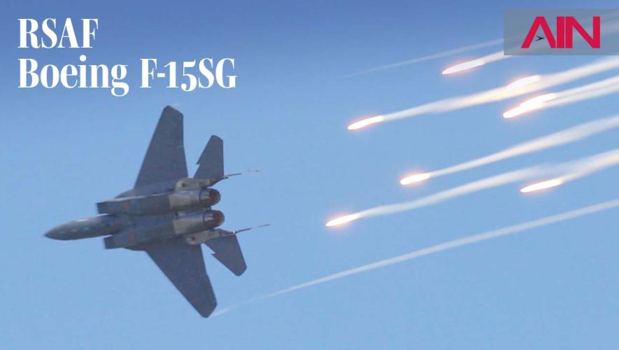 RSAF Boeing F15SG flying with flares