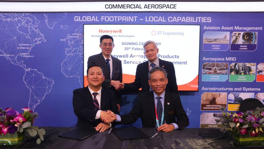 ST Engineering and Honeywell held a signing ceremony at the Singapore Airshow on February 20. (Front, L-R) Eric Ai, v-p of Honeywell Aerospace's APAC airlines business; Poon Kok Wah, senior v-p and general manager of component services at ST Engineering; (back) Xu Jun, Honeywell Aerospace's APAC president; and Goh Poh Loh, executive v-p and head of component services at ST Engineering. 