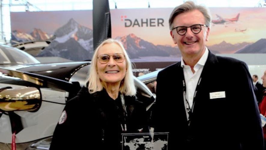  Ferry pilot Margrit Waltz and Nicolas Chabbert, the CEO of Daher's Aircraft Division at Aero Friedrichshafen (Photo: Daher/JMB)
