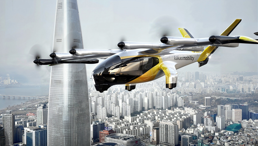 A digital rendering of a Midnight eVTOL air taxi with a Kakao logo flying over Seoul