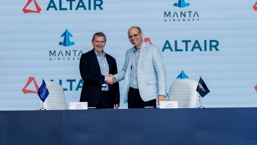Altair's director of strategy, aerospace, and defense Paolo Colombo (left) with Manta Aircraft CEO Lucas Marchesini