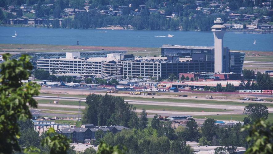 Terminal, gates and ATC tower at Portland International Airport, Oregon (PDX)