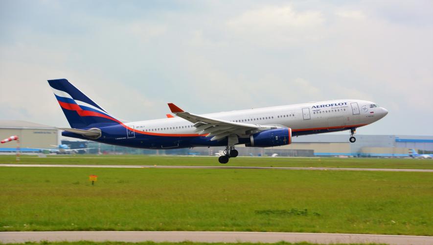 An Aeroflot Airbus A330 lands at Amsterdam Schiphol Airport in May 2019.