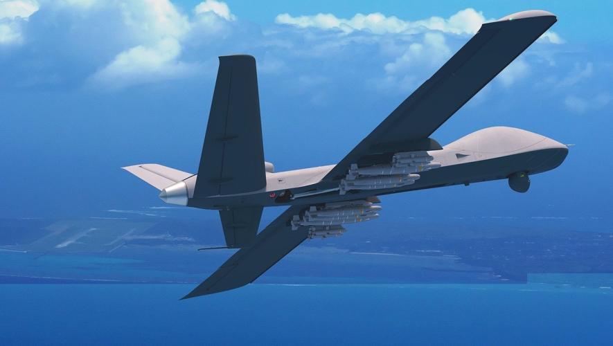 computer-generated image of MQ-9B Sky Guardian armed with Emirati weapons in flight